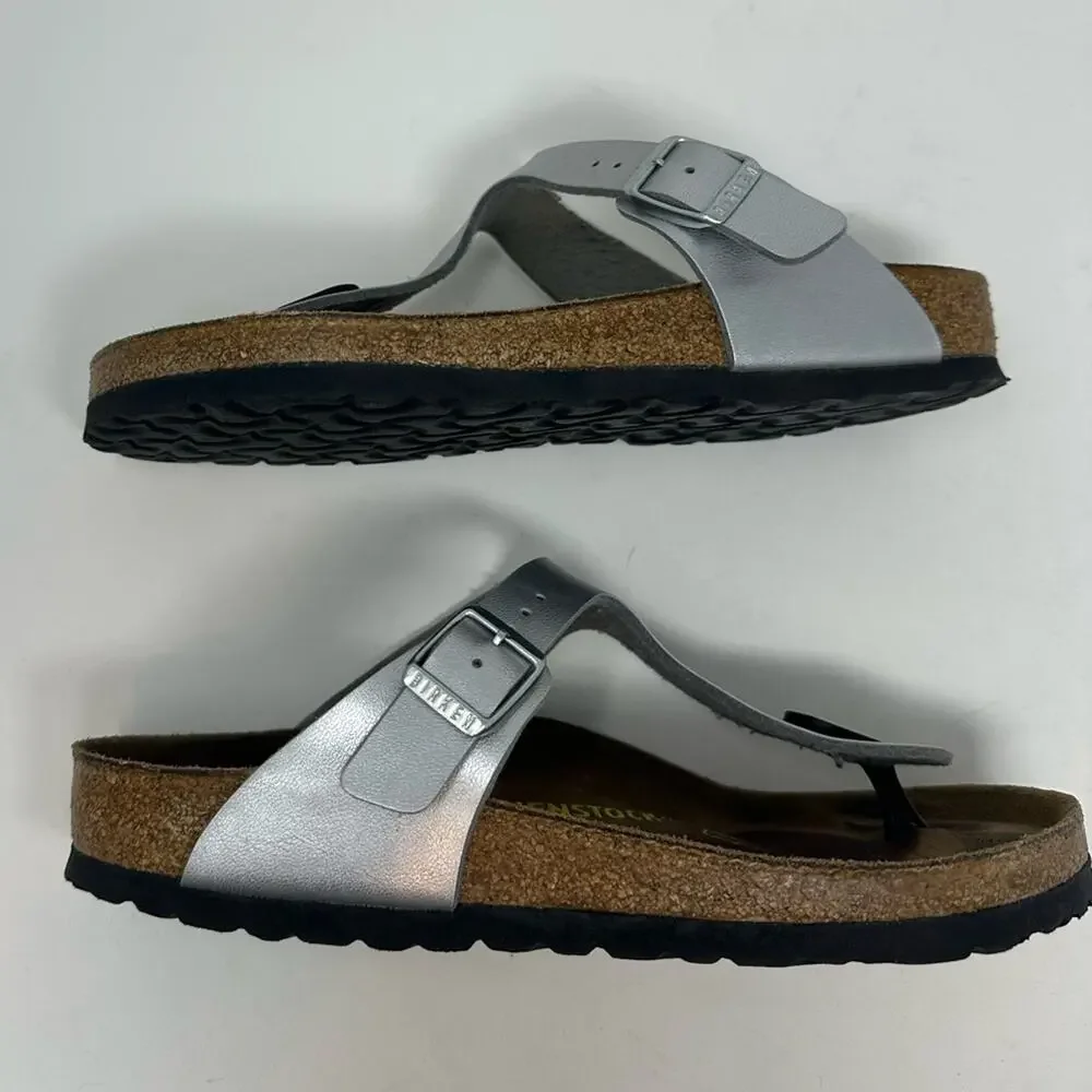 Birkenstock Gizeh Thong Sandals Leather Birko-Flor Silver Women’s 37 6-6.5